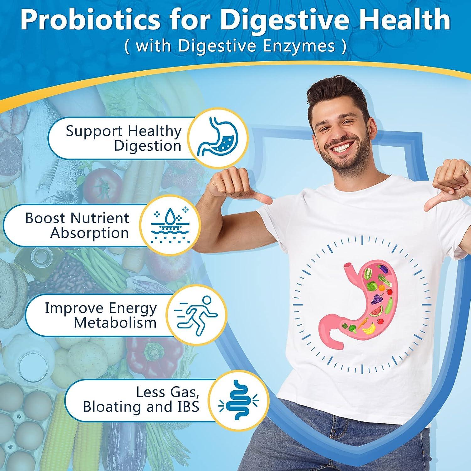Man wearing a t-shirt with a肠道 diagram, surrounded by probiotics and digestive enzymes text.