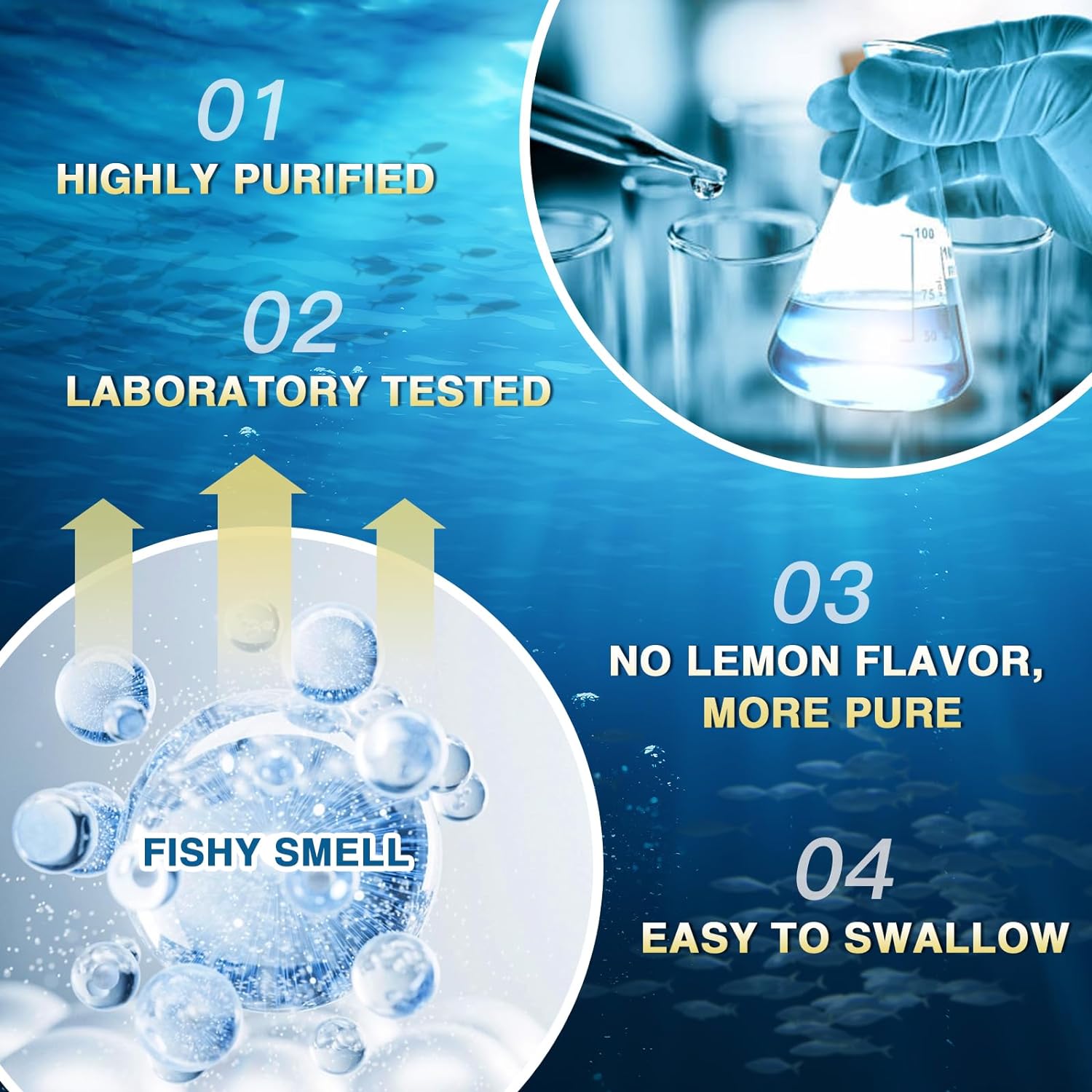 Product advertisement with laboratory testing and purification elements on a blue background.