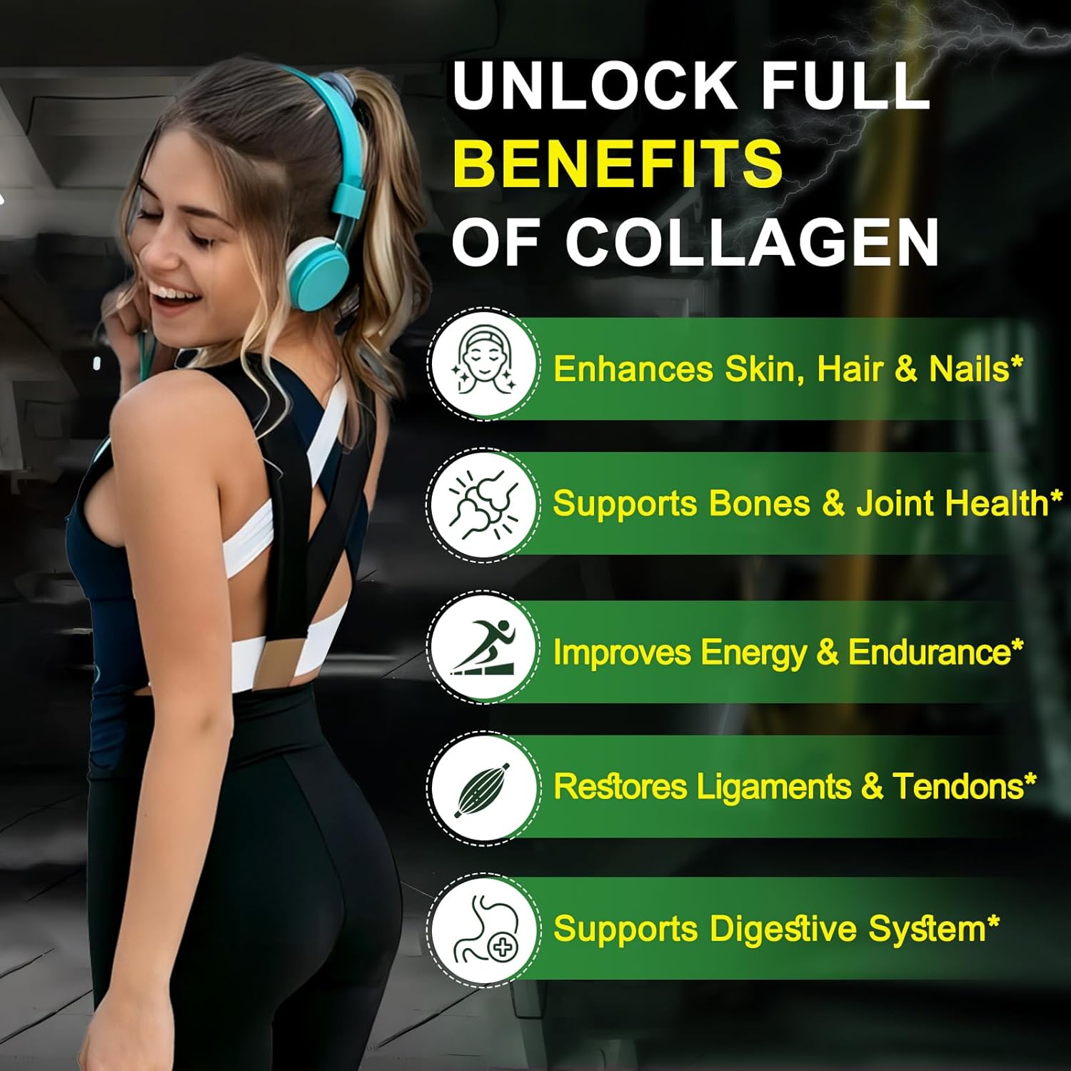 Woman exercising with text about the benefits of collagen