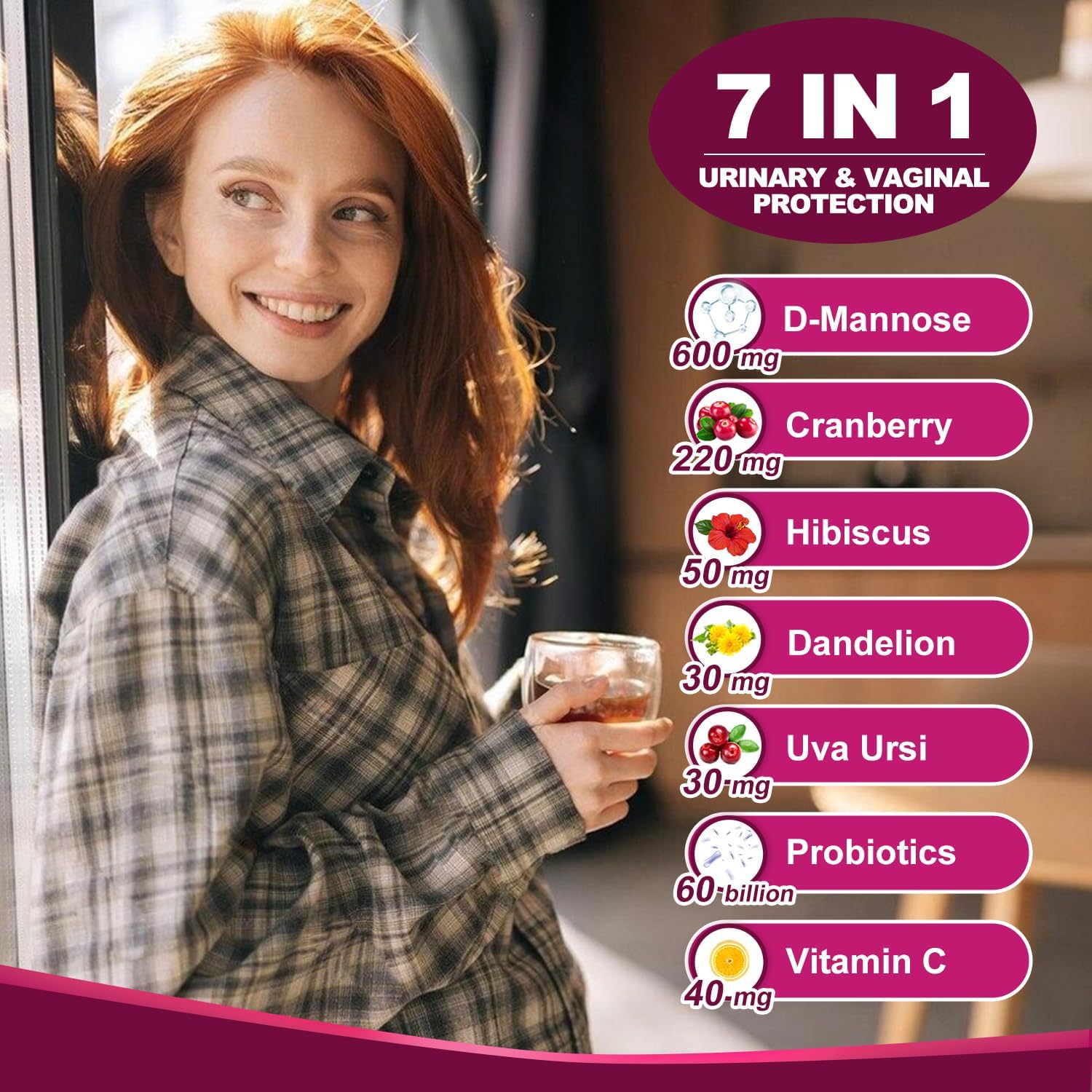 Woman holding a glass of tea with health product features listed on a purple background