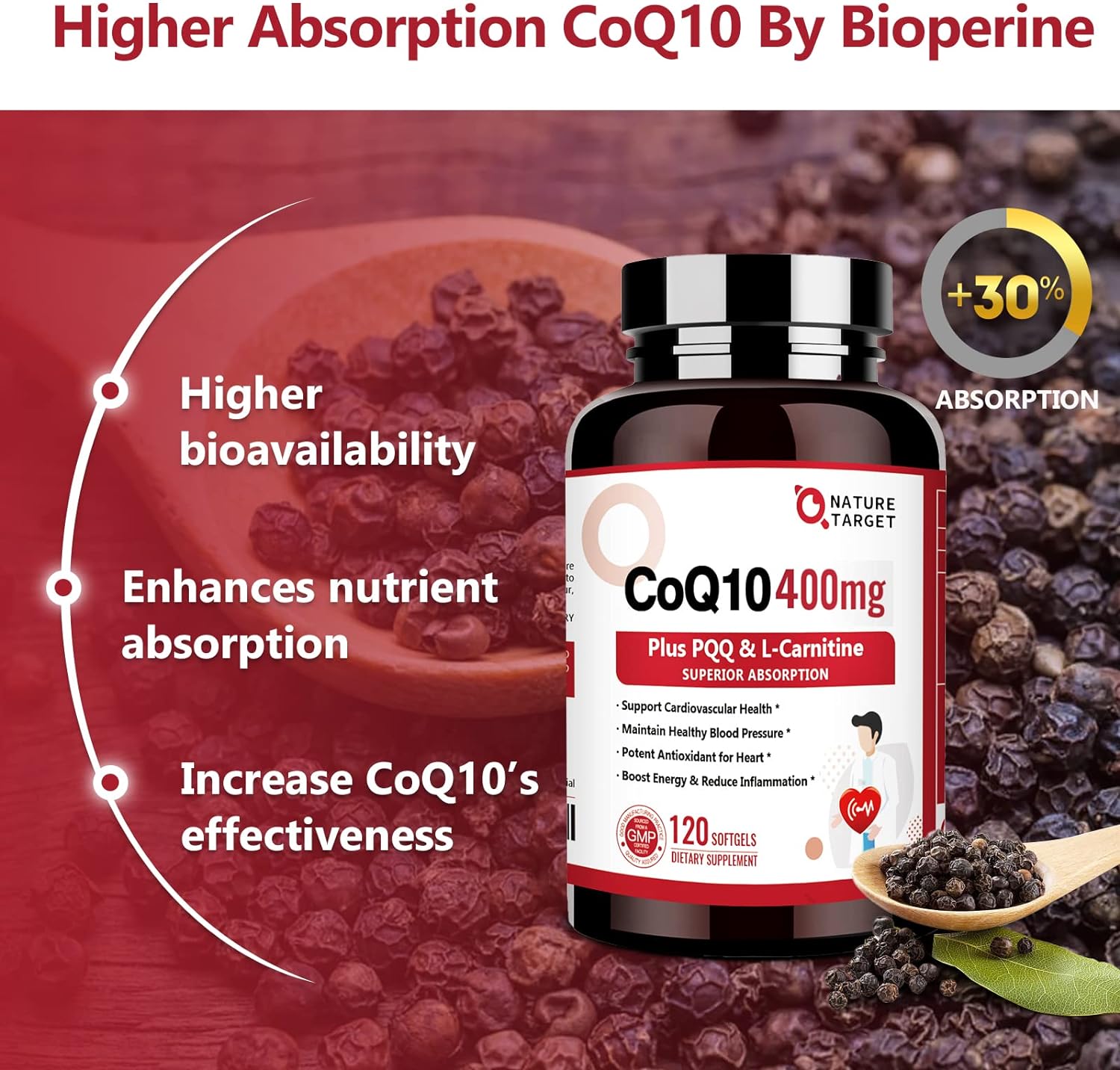 Supplement bottle labeled CoQ10 400mg with text highlighting benefits on a red background.