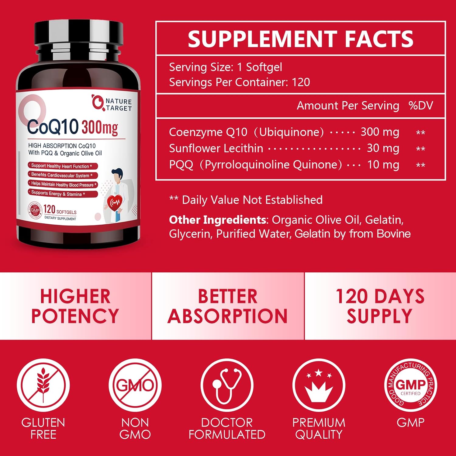 CoQ10 supplement bottle with label and supplement facts on a red background