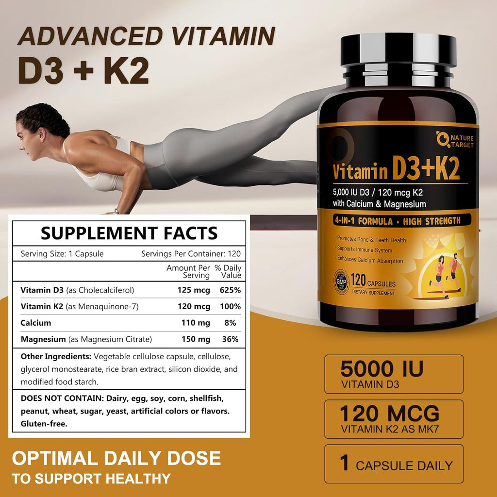 Vitamin D3 + K2 supplement bottle with supplement facts label and exercise background