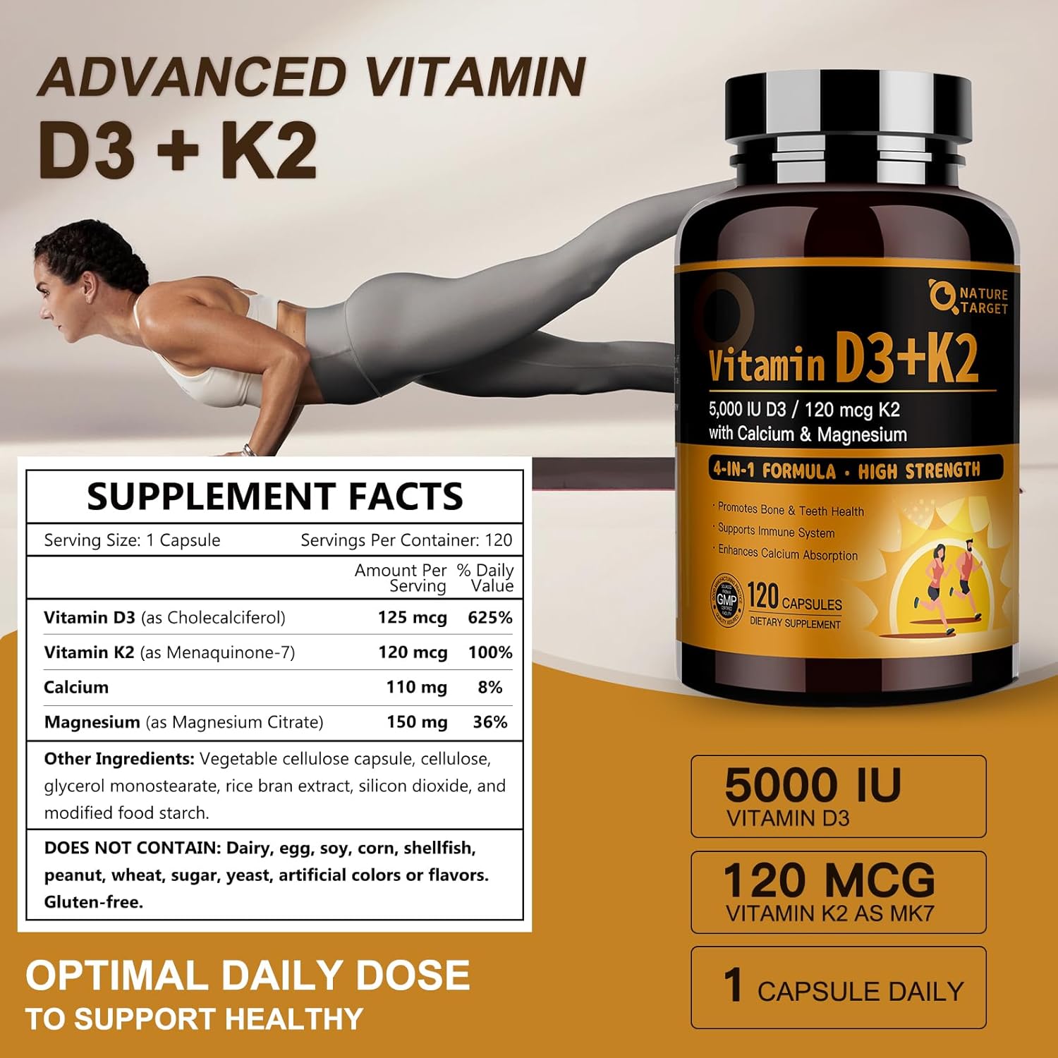 Vitamin D3 + K2 supplement bottle with supplement facts label and exercise background