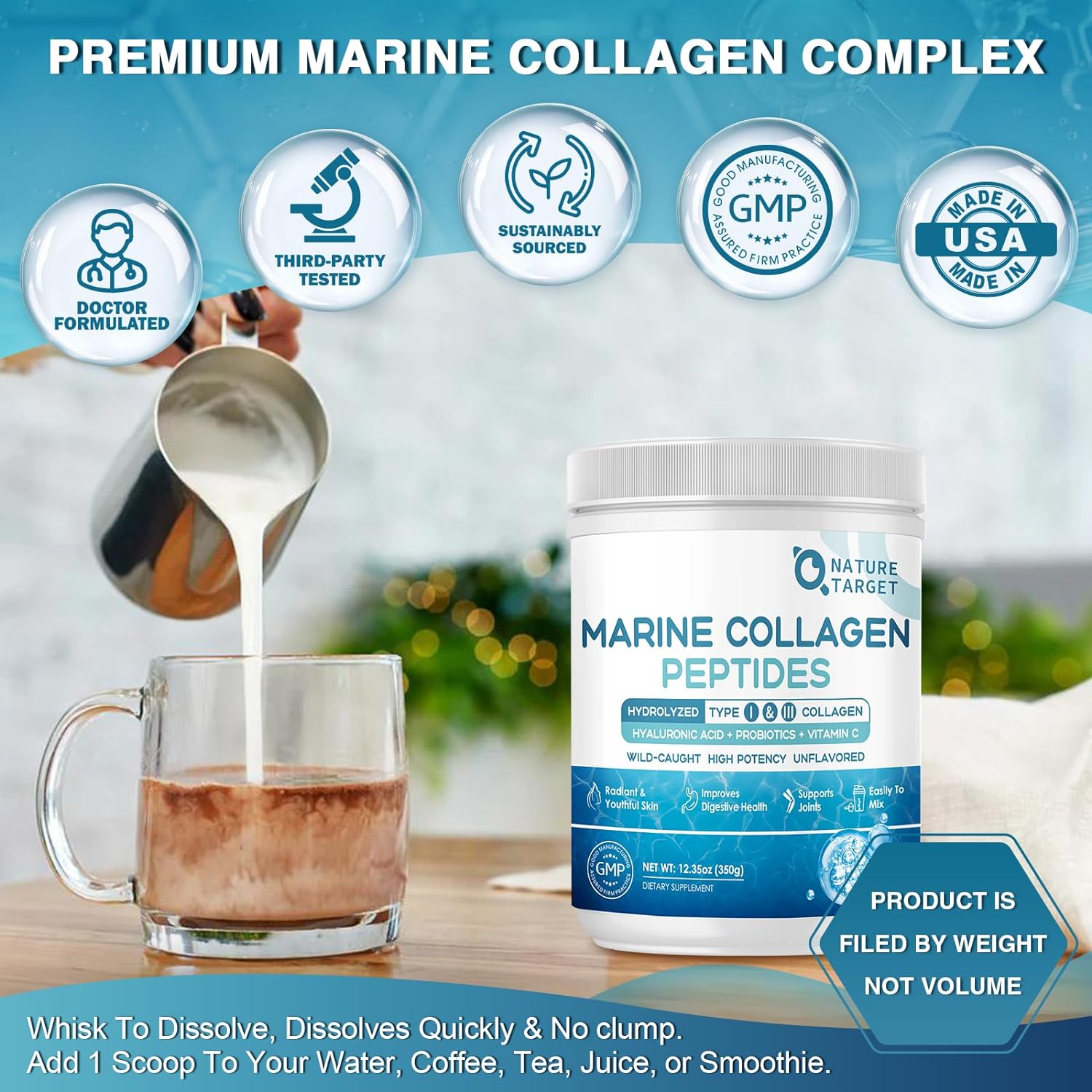 Marine collagen peptides being added to a mug with product packaging in the foreground.