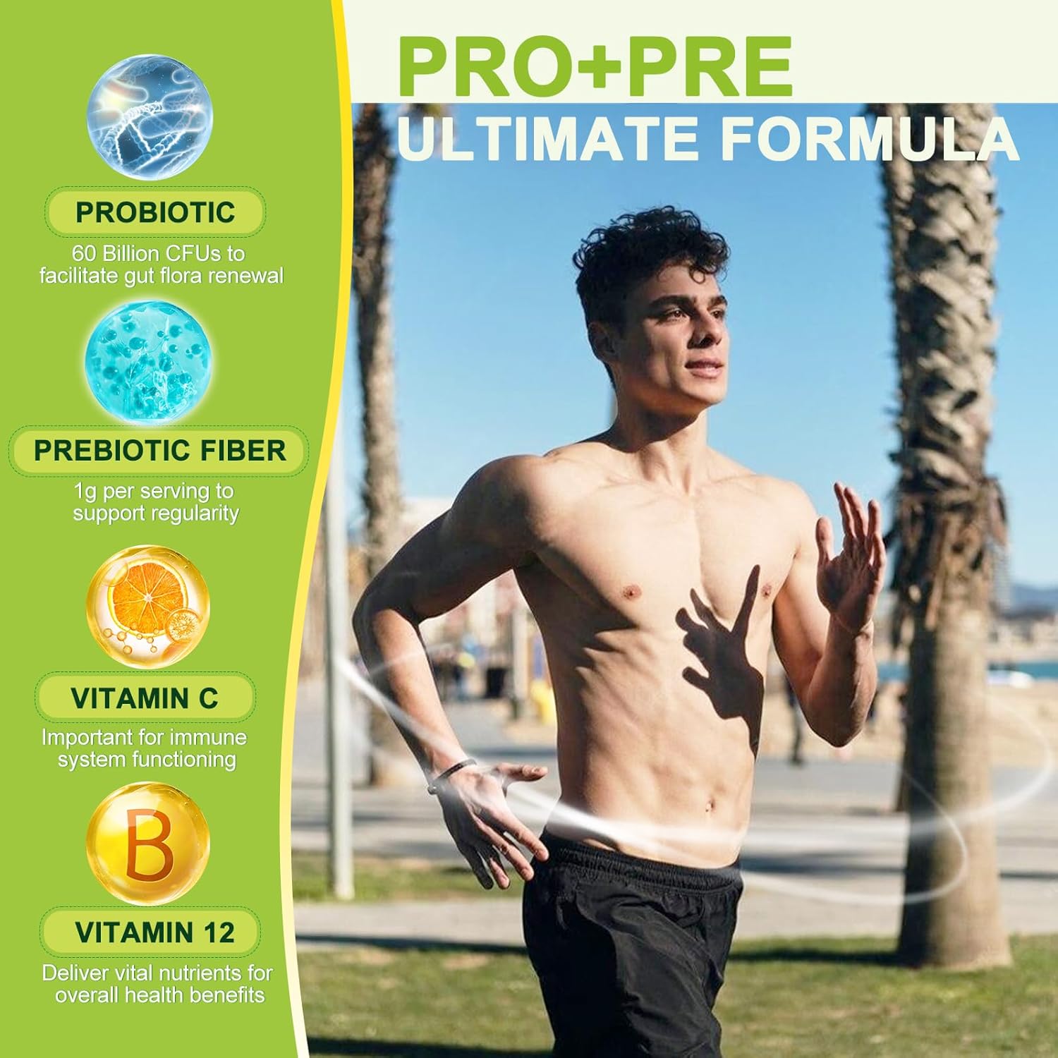 Man exercising outdoors with a supplement product on the left side
