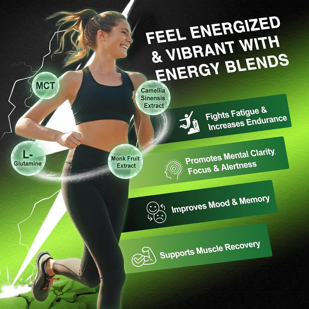 Woman running with energy blend benefits displayed on a green and black background