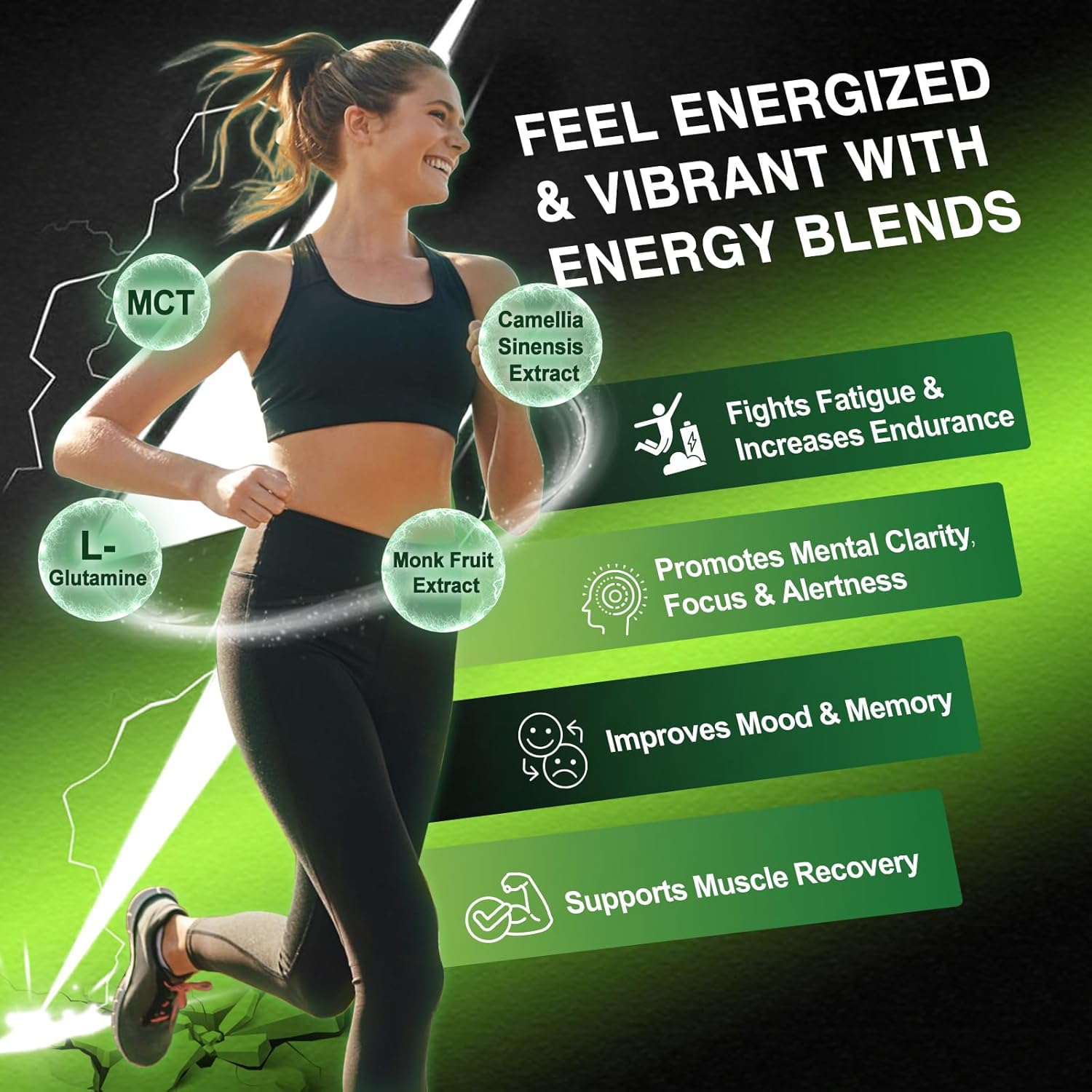 Woman running with energy blend benefits displayed on a green and black background