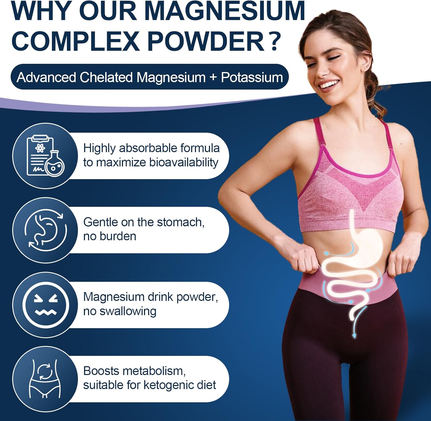Advertisement for magnesium complex powder with a woman in athletic wear on a blue background
