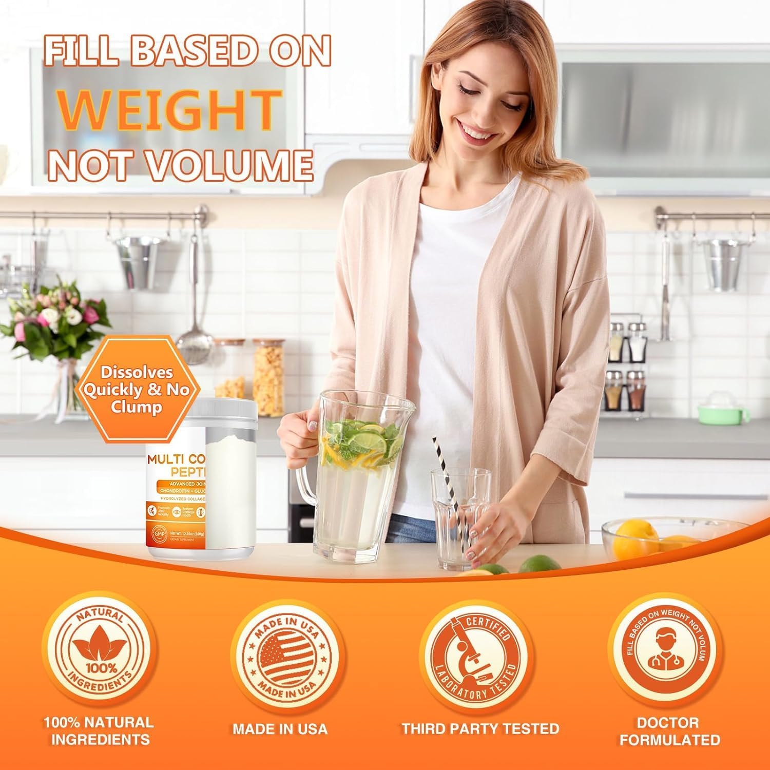 Woman preparing a drink in a kitchen with product packaging and branding elements.