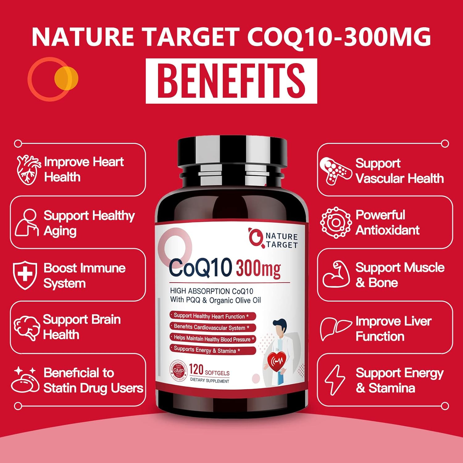 Nature Target CoQ10 300mg supplement bottle with benefits listed on a red background
