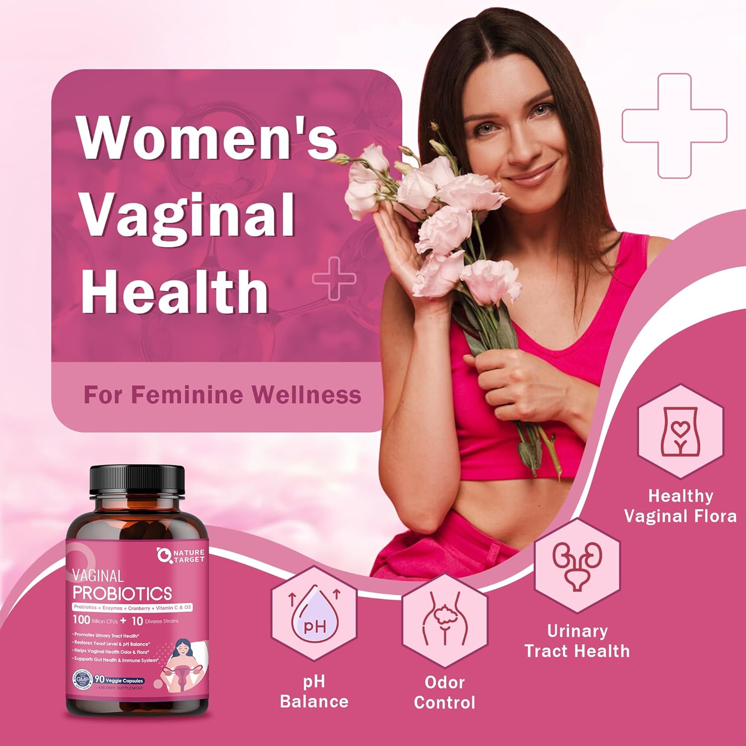Product advertisement for women's vaginal health with a woman holding flowers and a bottle of probiotics.
