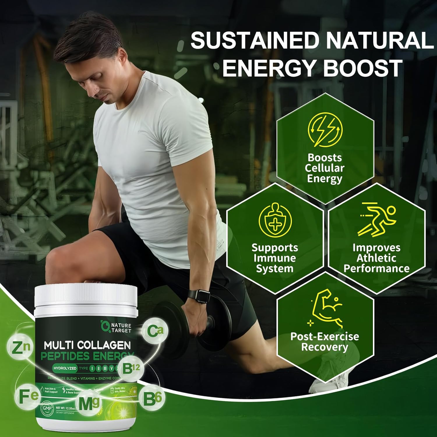 Man exercising with a supplement container labeled 'Multi Collagen Peptides Energy' and icons highlighting energy boost benefits.