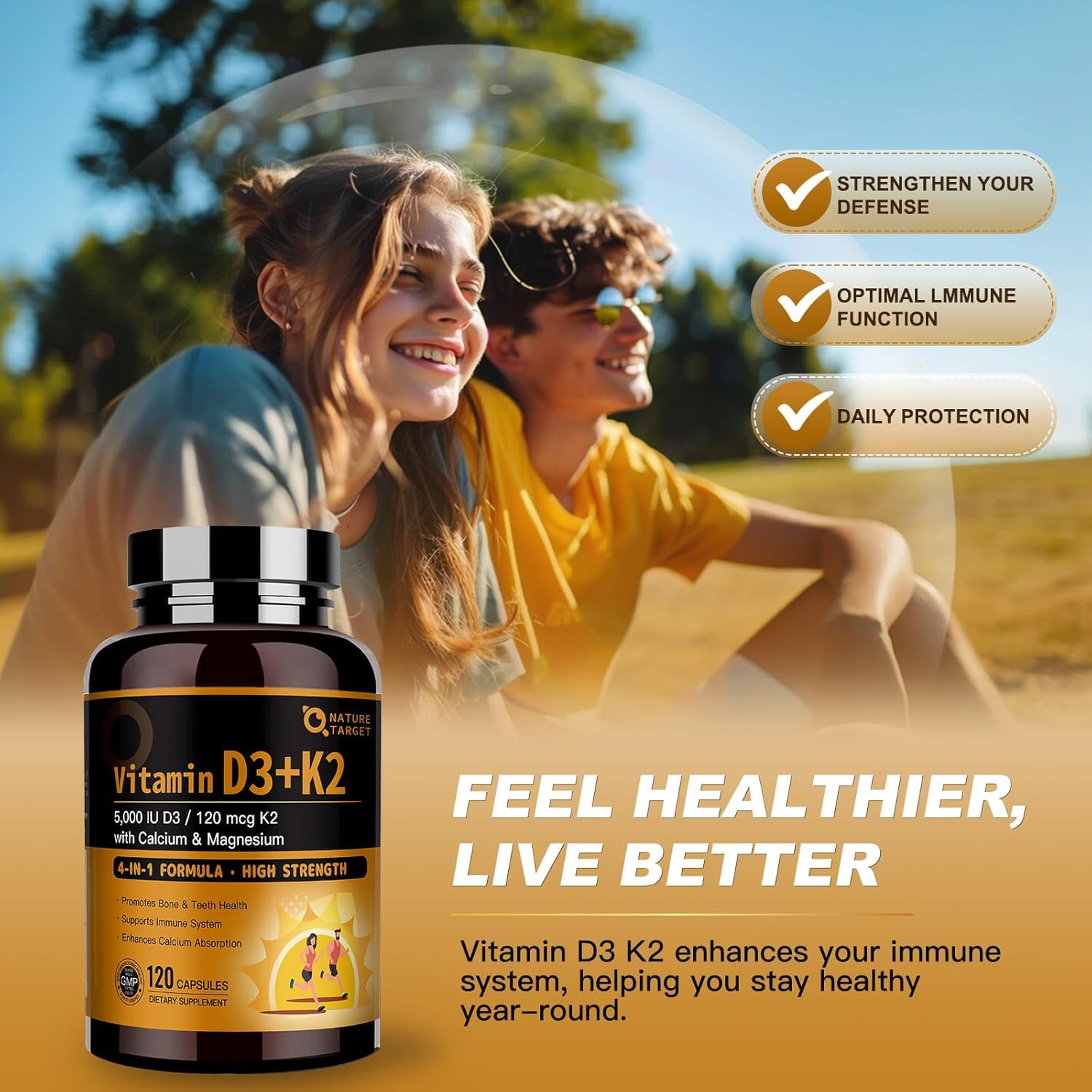Vitamin D3 K2 supplement bottle with a blurred background of two people sitting outdoors.