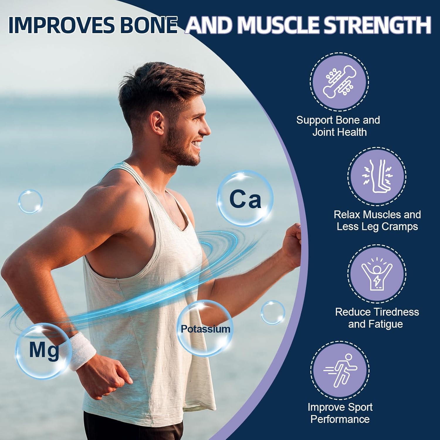 Man exercising outdoors with health benefits text and icons on a blue background