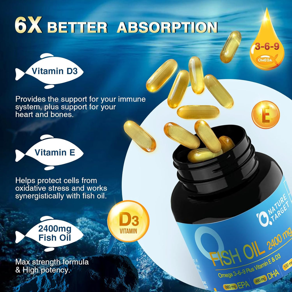 Fish oil supplement container with vitamins D3, E, and fish oil on a blue underwater-themed background.