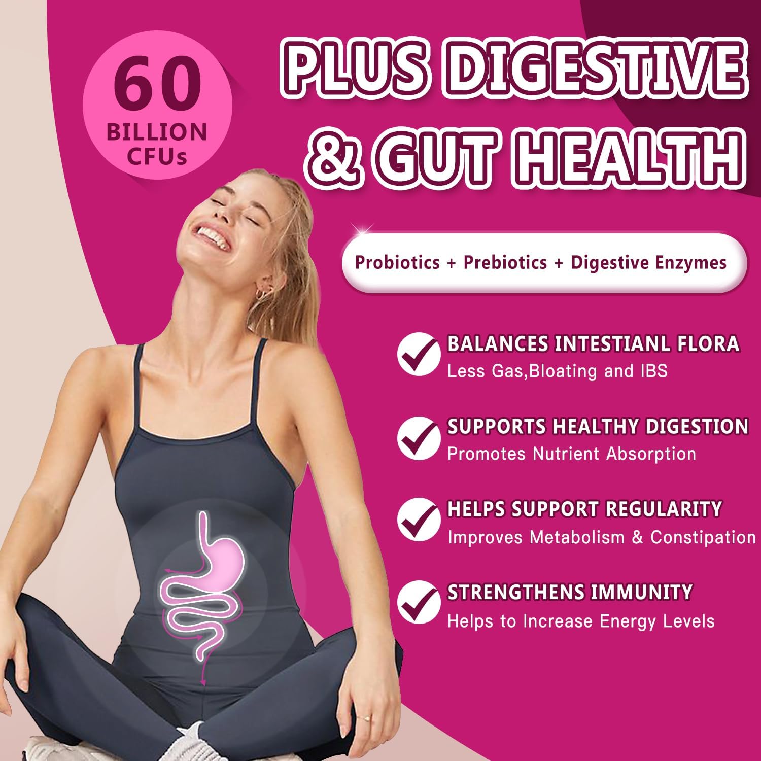Woman sitting with a digestive system graphic on a pink background with text about digestive and gut health benefits.