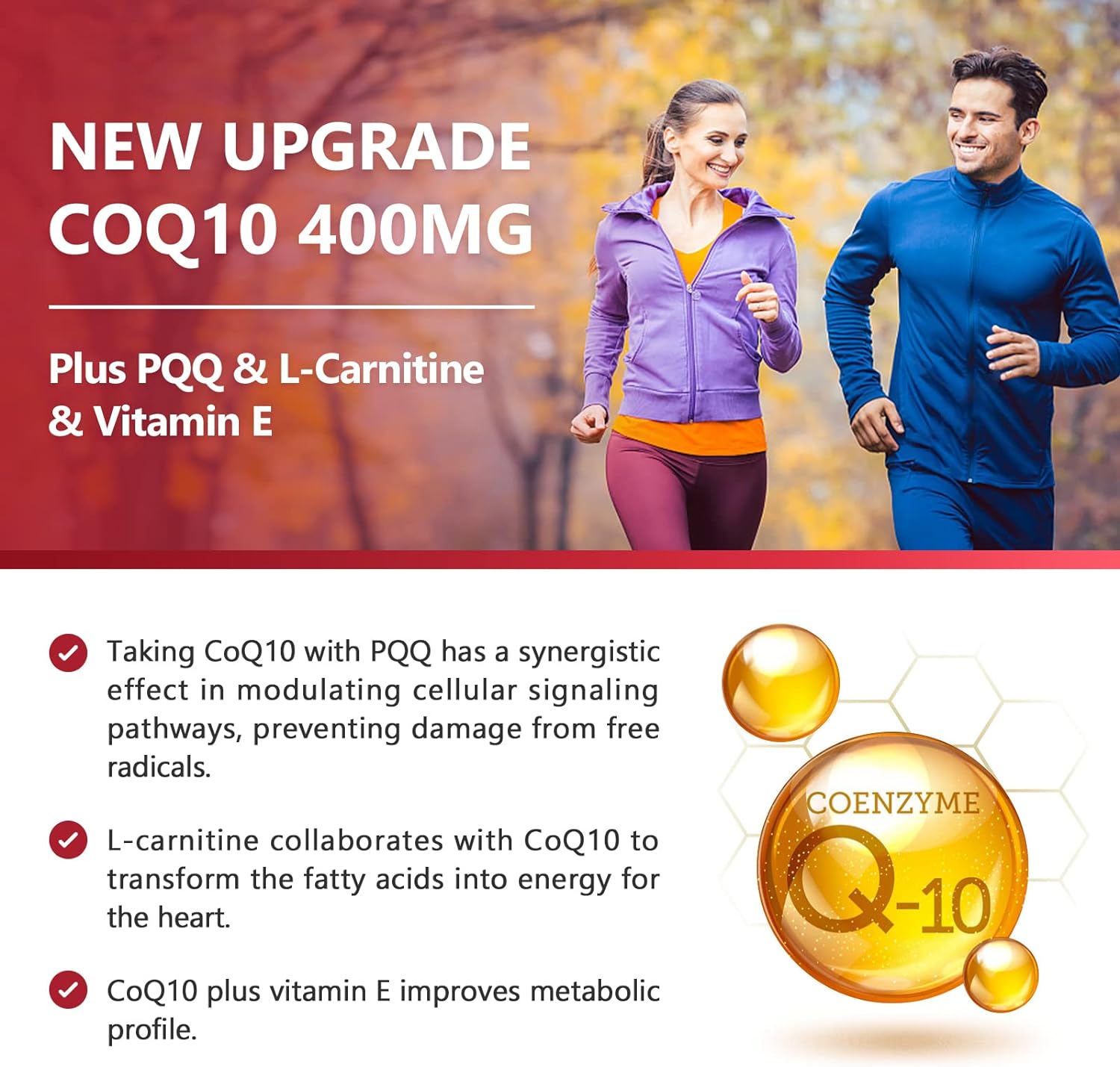 Two people running outdoors with CoQ10 supplement information on a red and white background