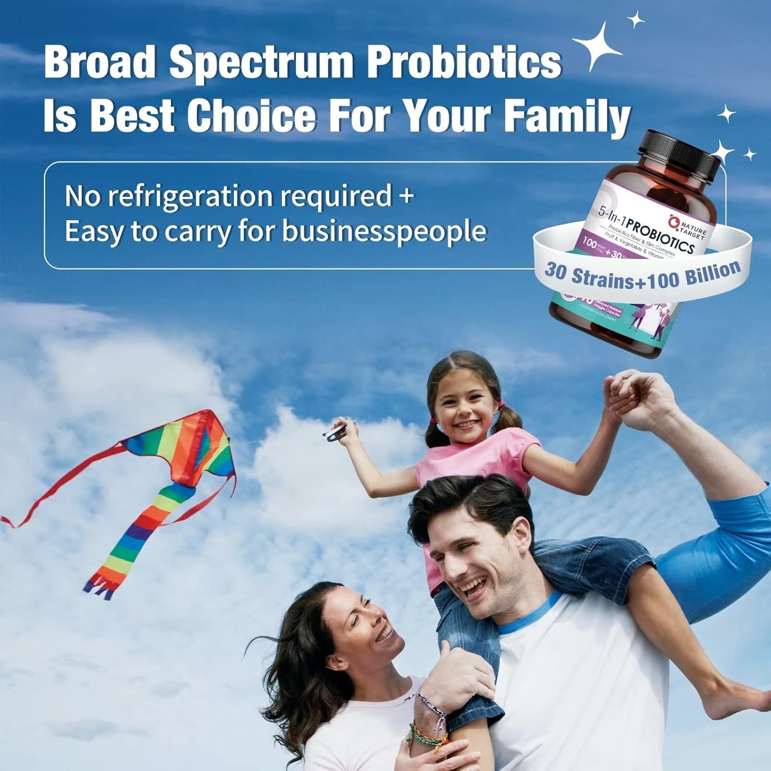 Family with a child holding a probiotics product against a blue sky with clouds.
