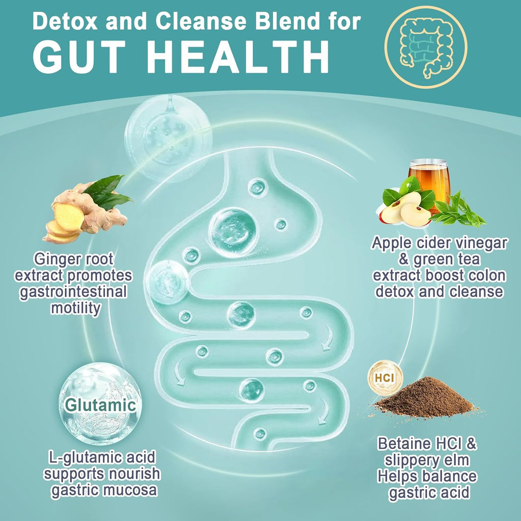 Diagram of a detox and cleanse blend for gut health with ingredients and benefits.