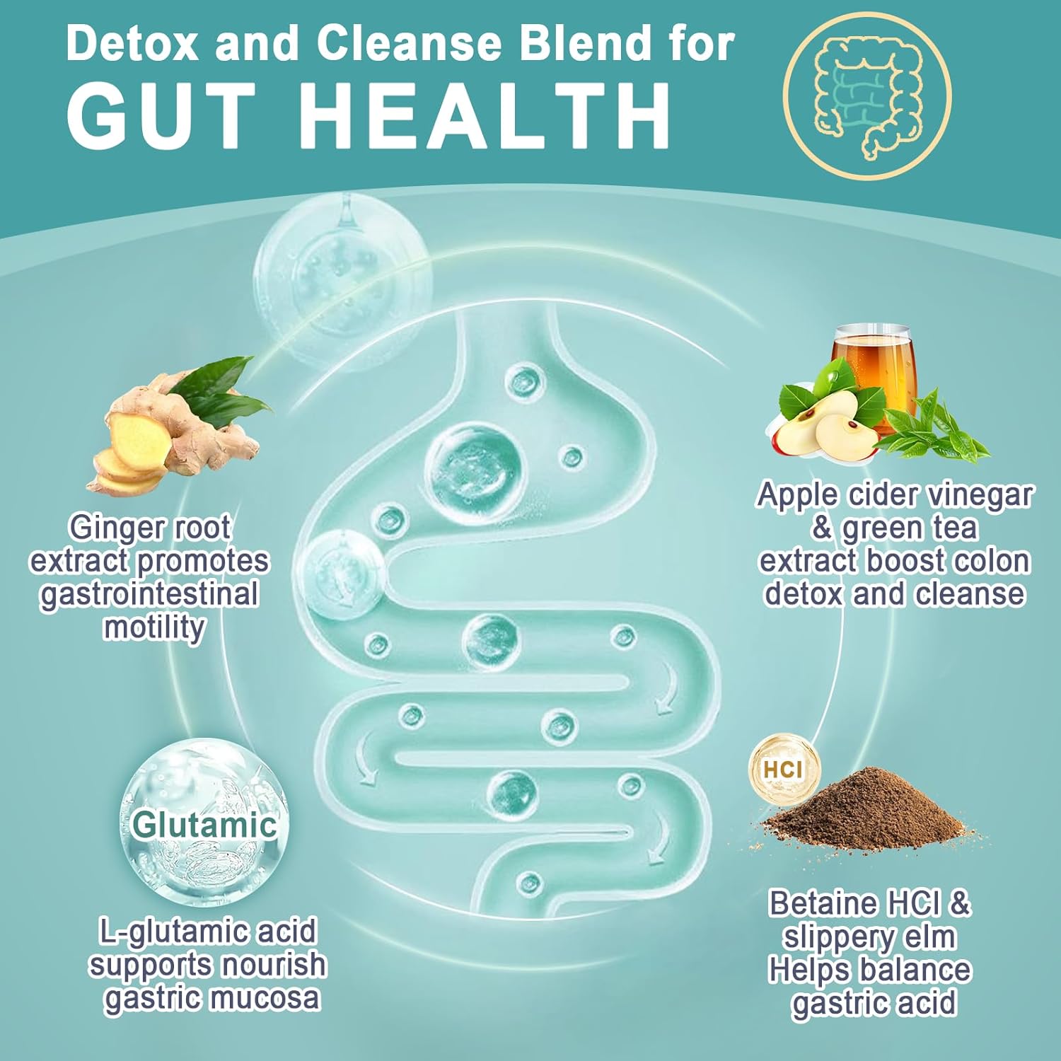 Diagram of a detox and cleanse blend for gut health with ingredients and benefits.