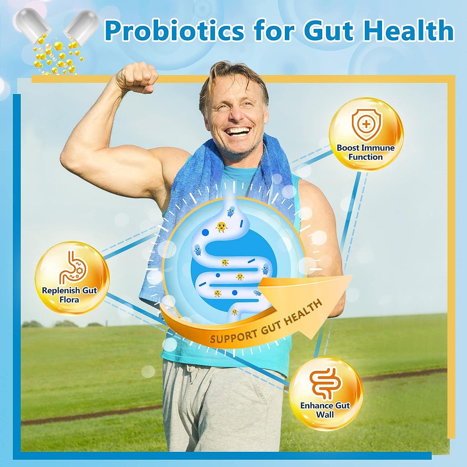 Man with a towel over his shoulder, surrounded by probiotics graphics and text on a blue background