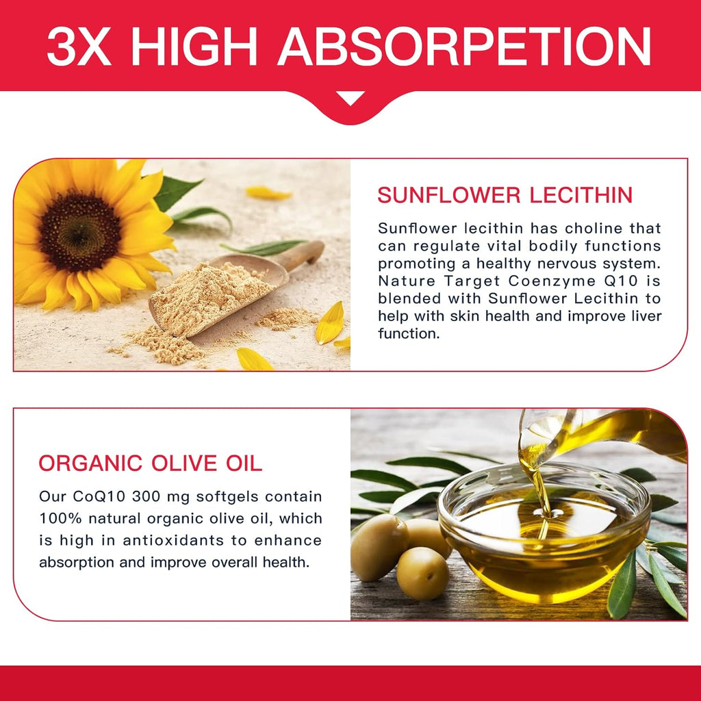 Product advertisement with sunflower lecithin and organic olive oil, highlighting high absorption properties.