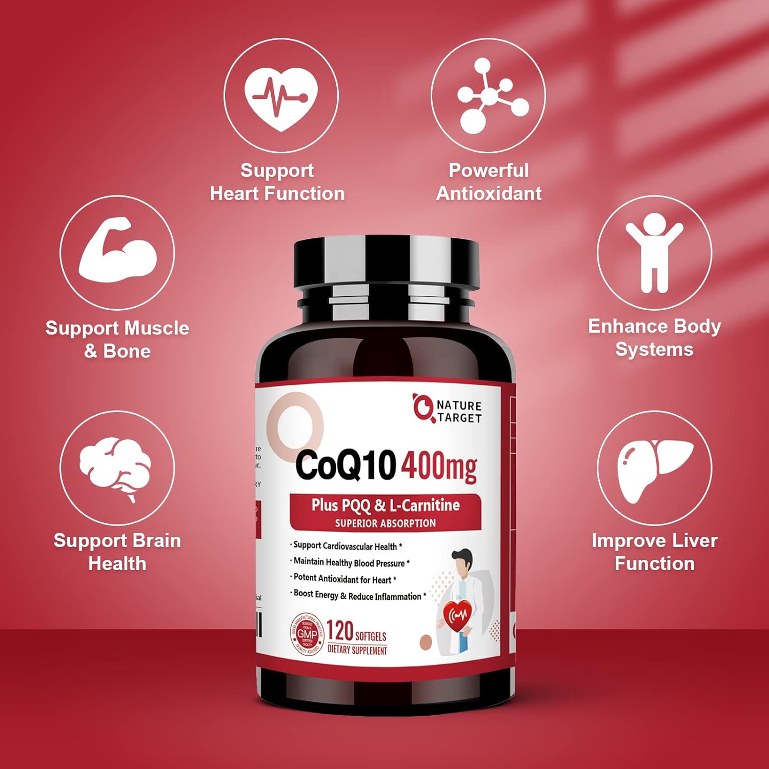 CoQ10 supplement bottle with health benefits on a red background
