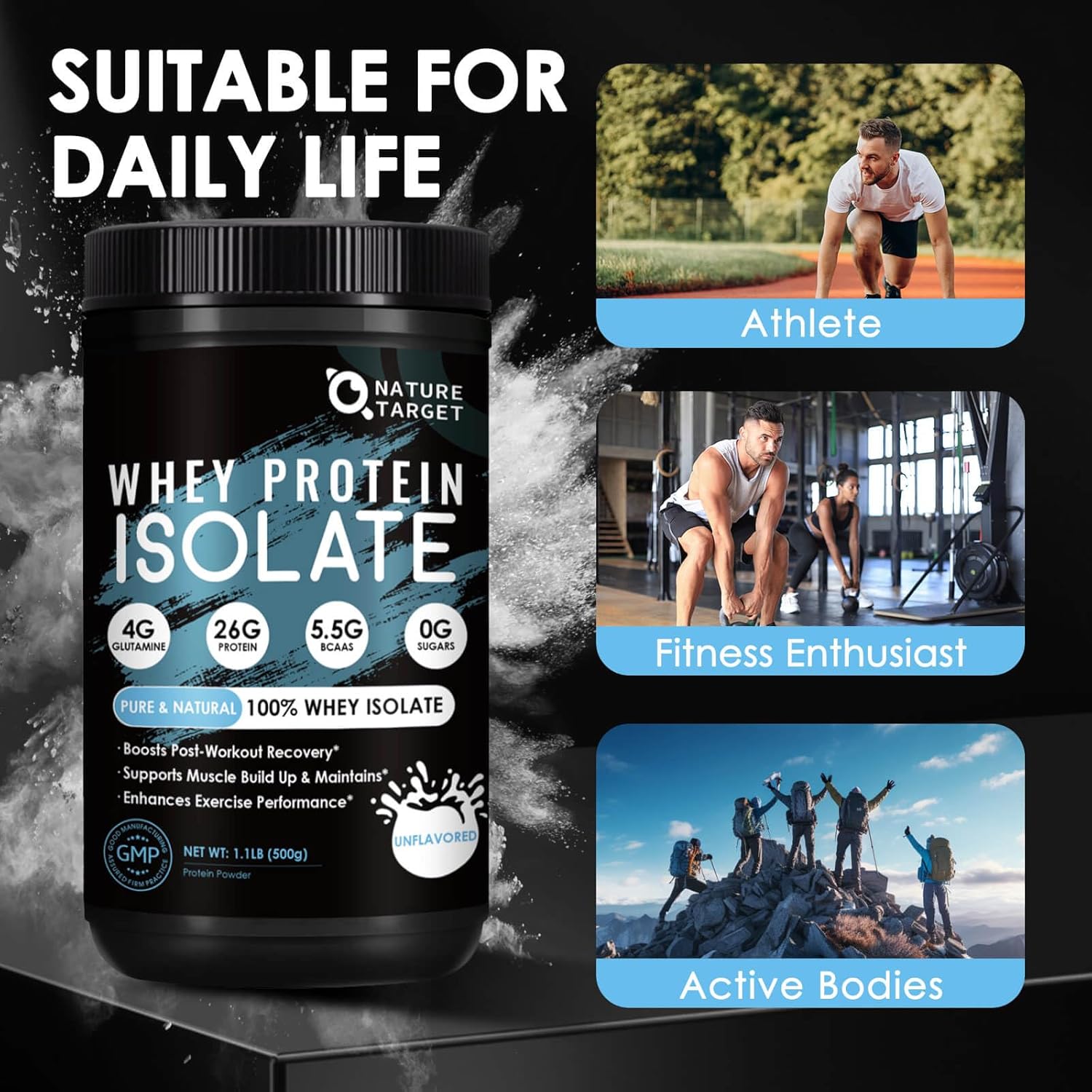 Nature Target whey protein isolate supplement with images of an athlete, fitness enthusiast, and active bodies on a black background.