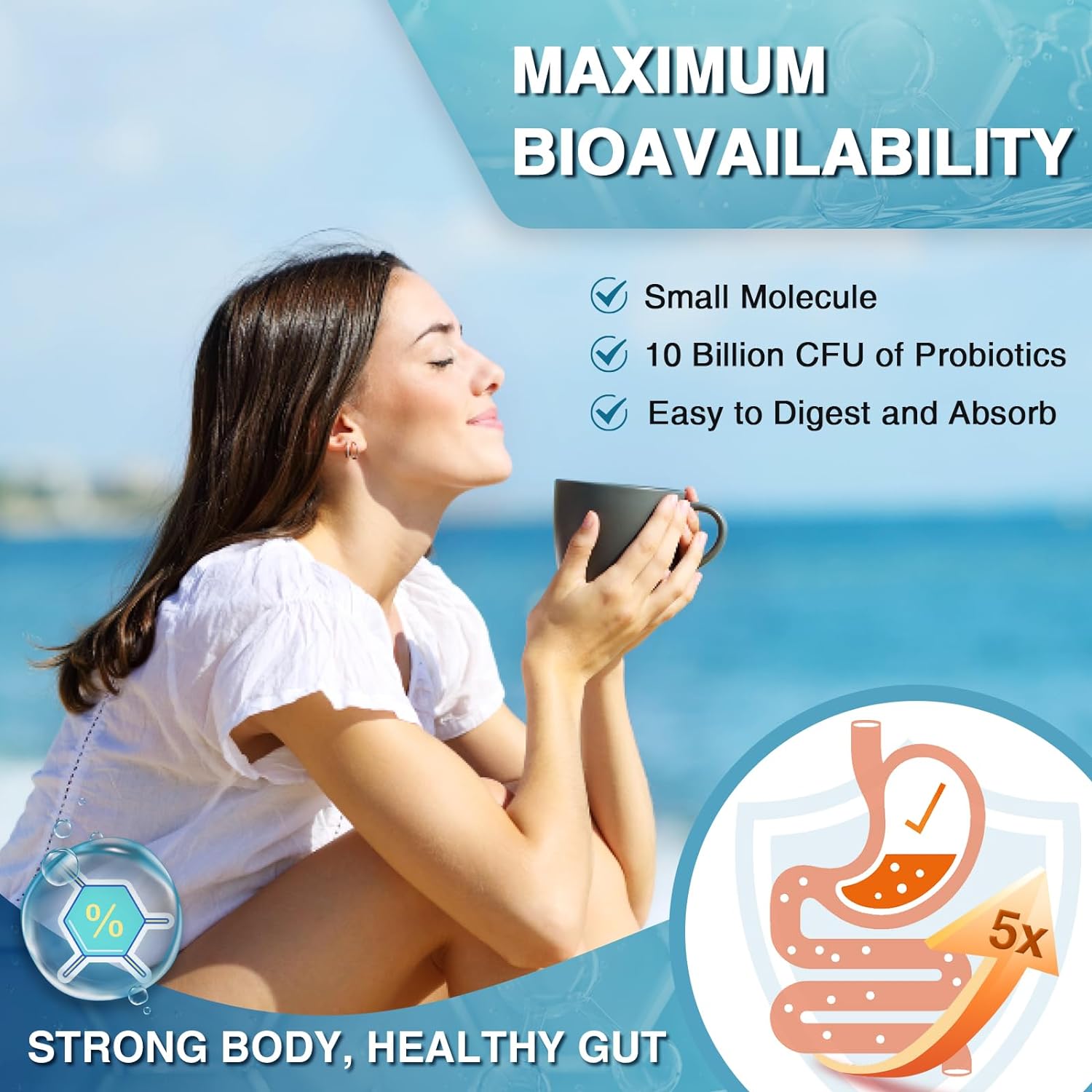 Woman drinking from a mug with text about maximum bioavailability and health benefits on a blue background