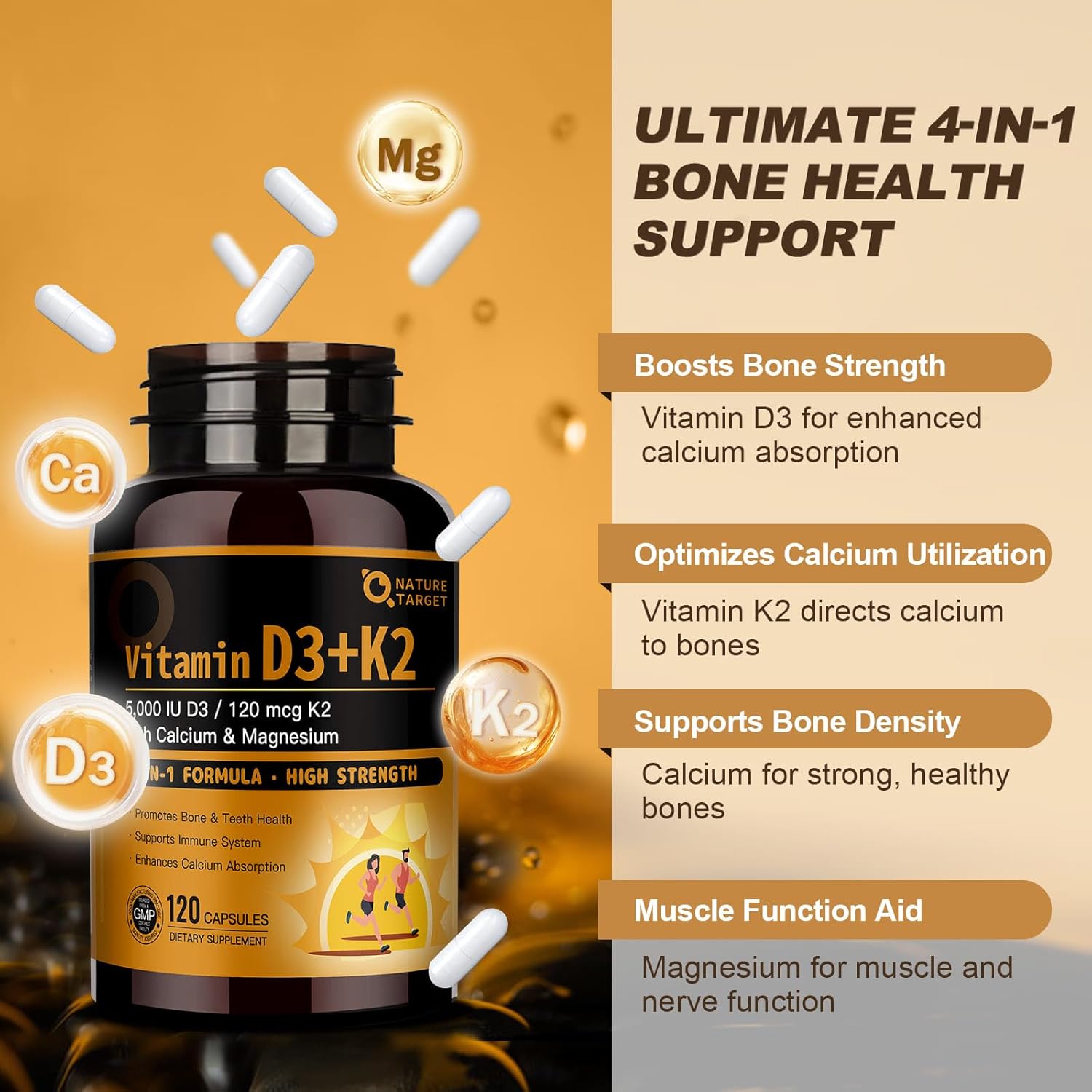 Vitamin D3+K2 supplement bottle with bone health support text on a gradient background