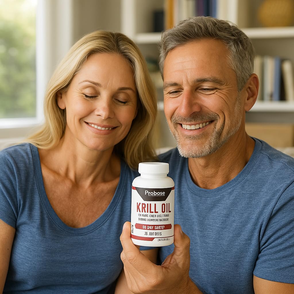 Man and woman holding a bottle of Probose Krill Oil supplement in a home setting.