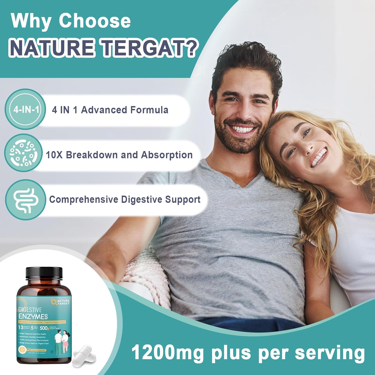 Advertisement for Nature Tergat digestive enzymes with a couple smiling and a bottle of the product.