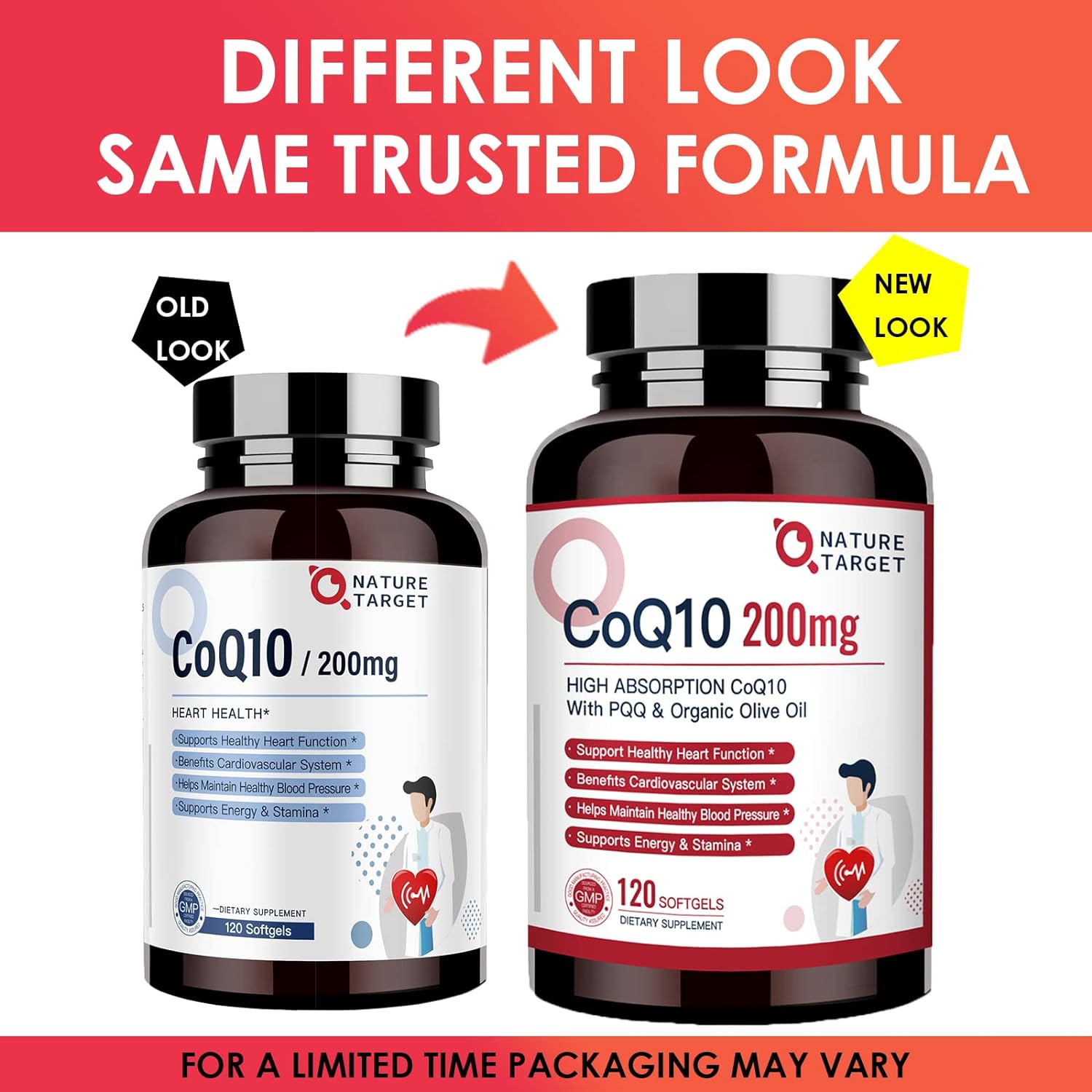 Two CoQ10 supplement bottles, one labeled 'Old Look' and the other 'New Look', with text indicating a trusted formula.