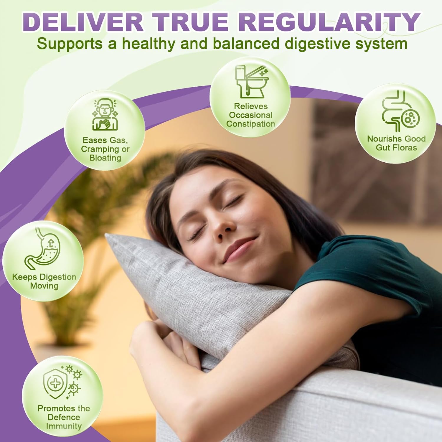 Woman relaxing with a pillow, surrounded by icons and text about digestive health benefits.