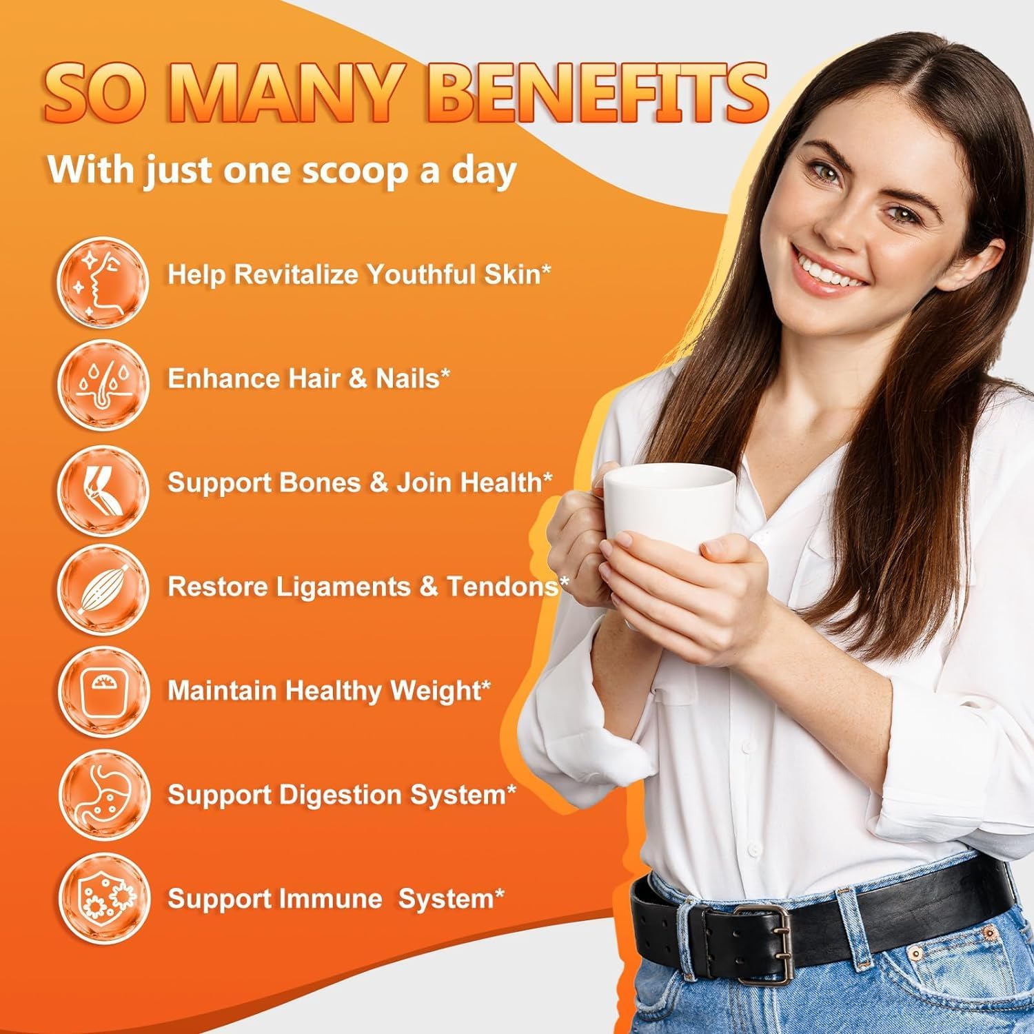 Woman holding a cup with health benefits listed on an orange background