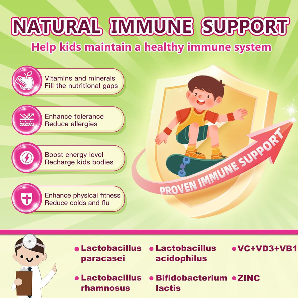 Advertisement for natural immune support with a child on a shield and list of benefits on a green background.