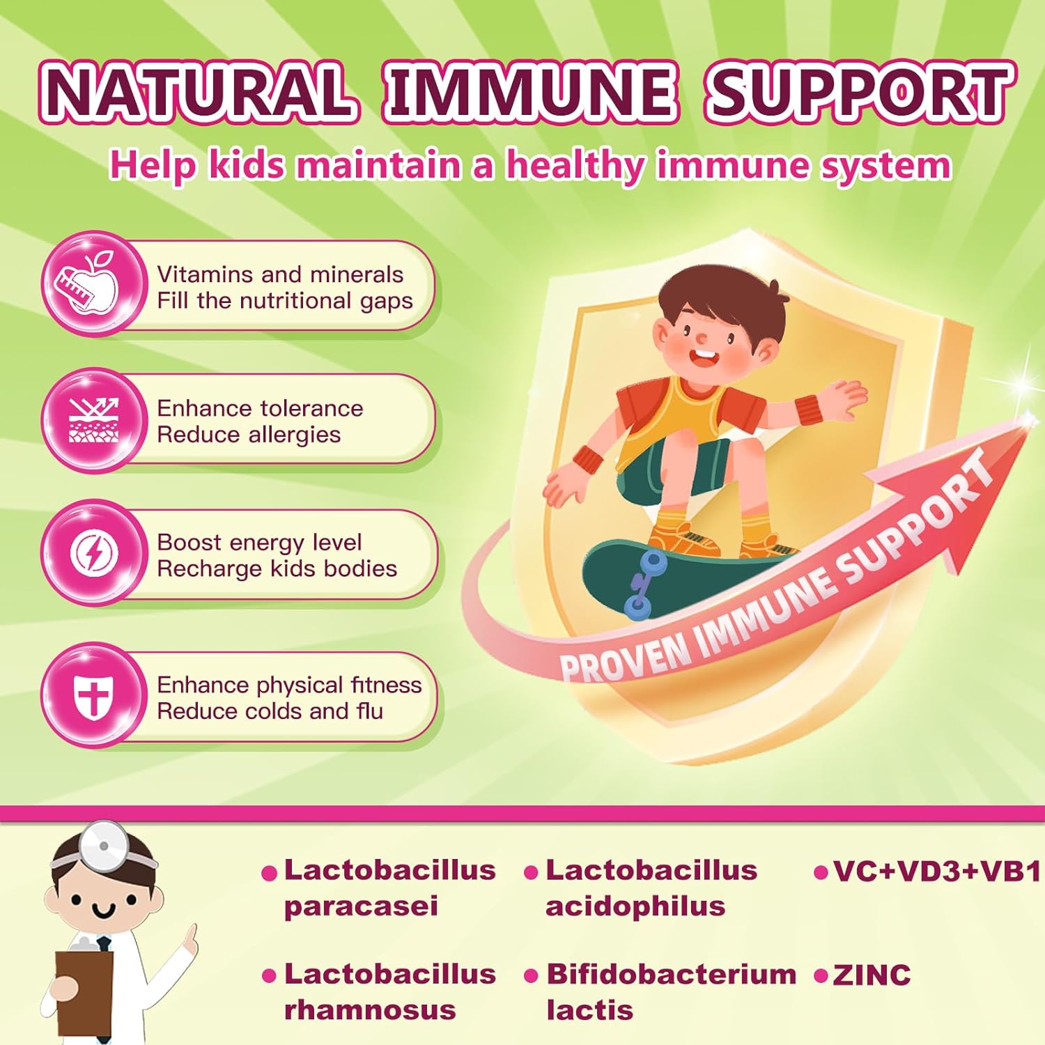 Advertisement for natural immune support with a child on a shield and list of benefits on a green background.