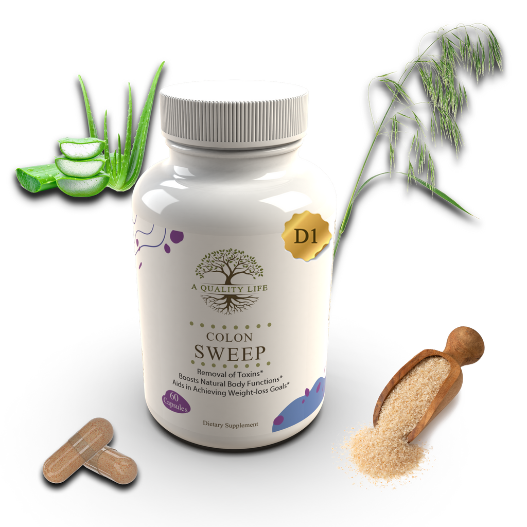 Bottle of 'A Quality Life' Colon Sweep supplement with aloe vera, wooden scoop, and tablets on a white background