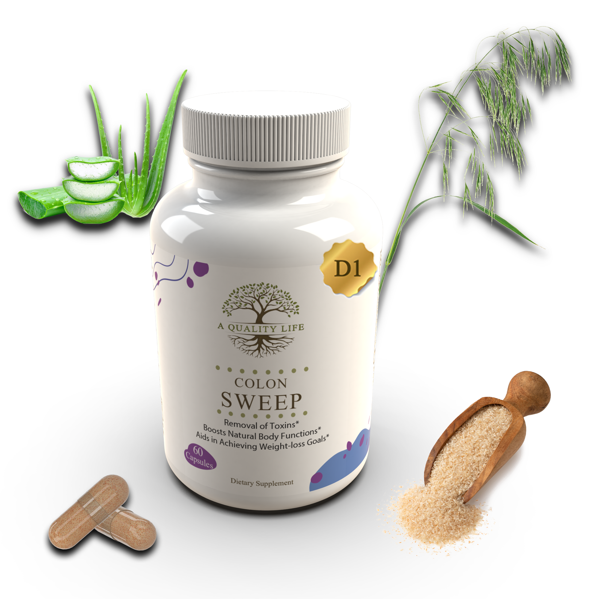 Bottle of 'A Quality Life' Colon Sweep supplement with aloe vera, wooden scoop, and tablets on a white background
