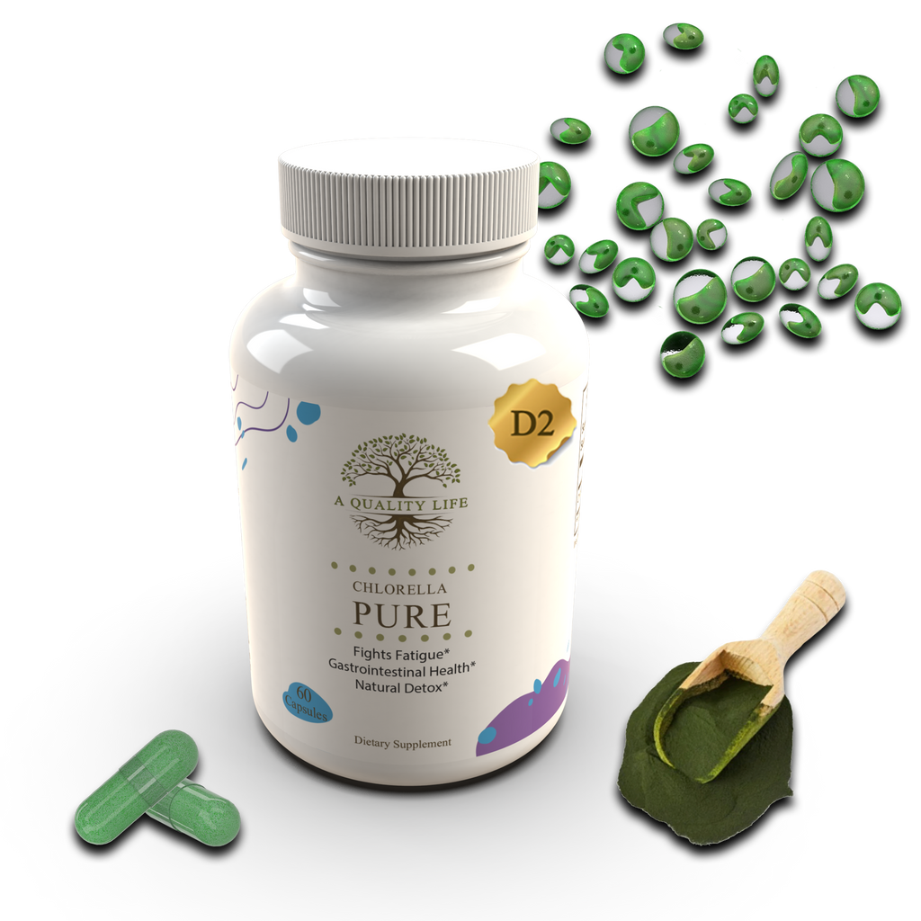 Bottle of Chlorophyll Pure supplement with green capsules and a scoop of chlorophyll powder on a white background