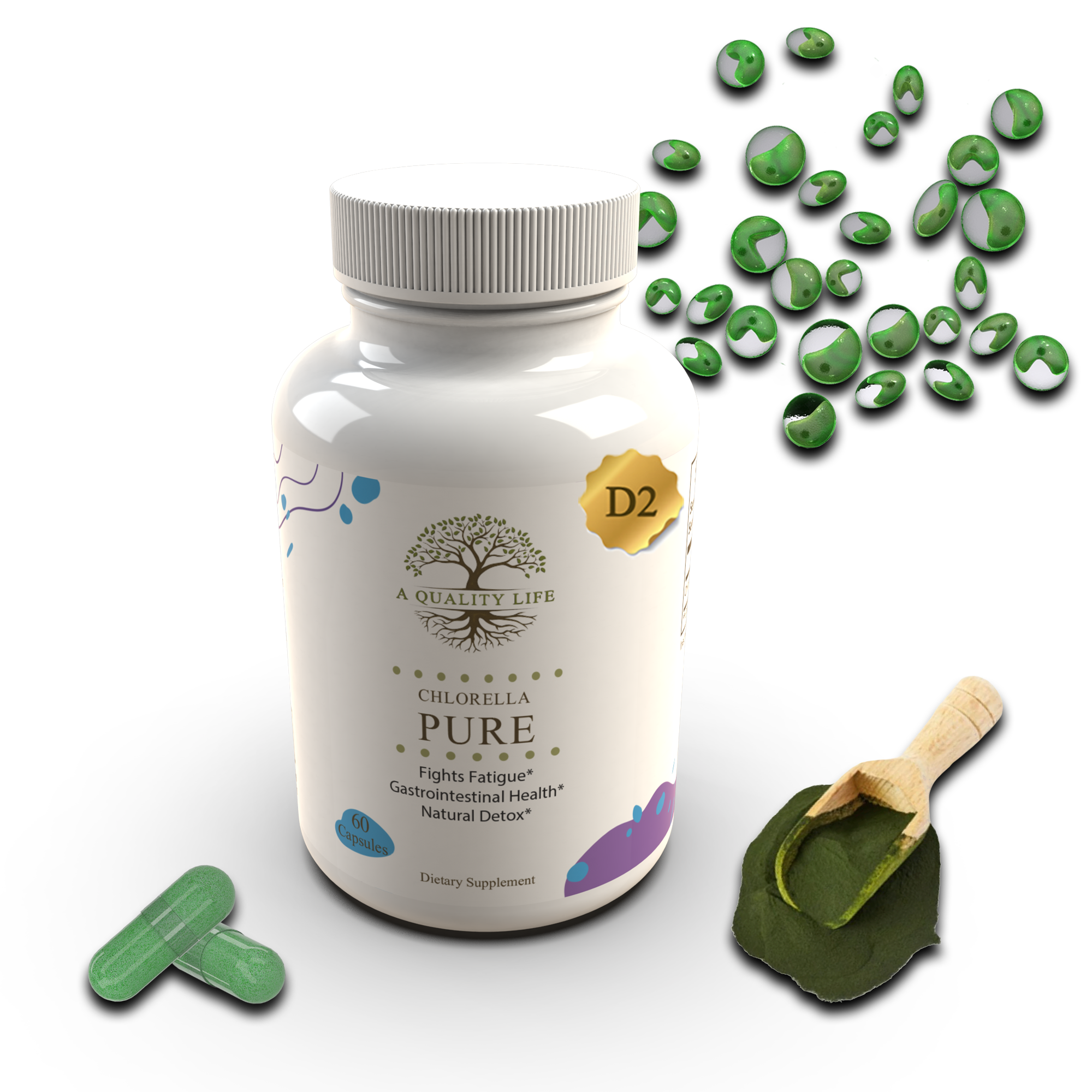 Bottle of Chlorophyll Pure supplement with green capsules and a scoop of chlorophyll powder on a white background