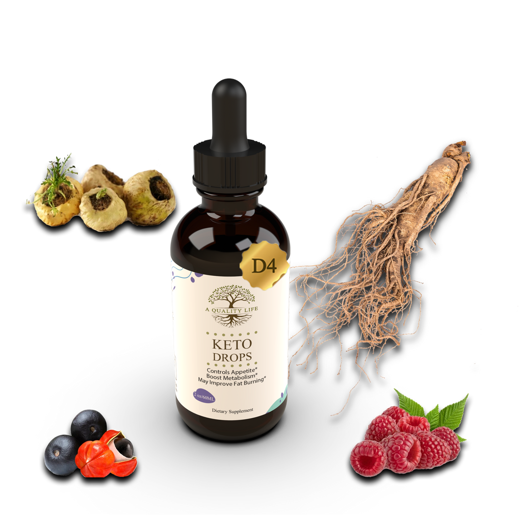 Bottle of Keto Drops with natural ingredients on a white background