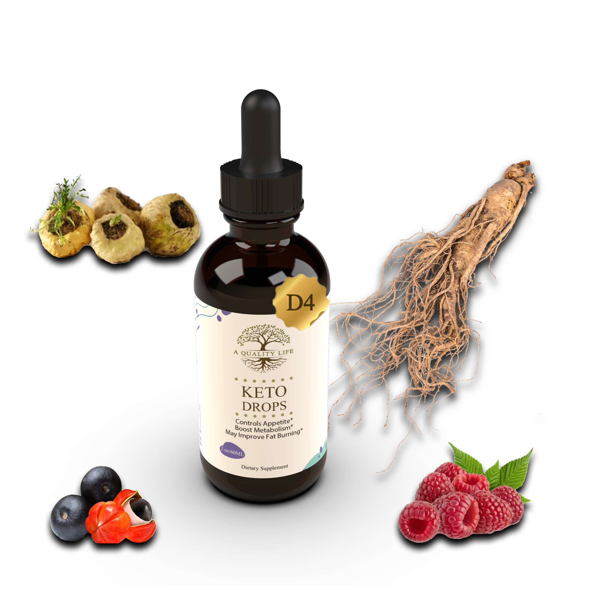 Bottle of Keto Drops with natural ingredients on a white background