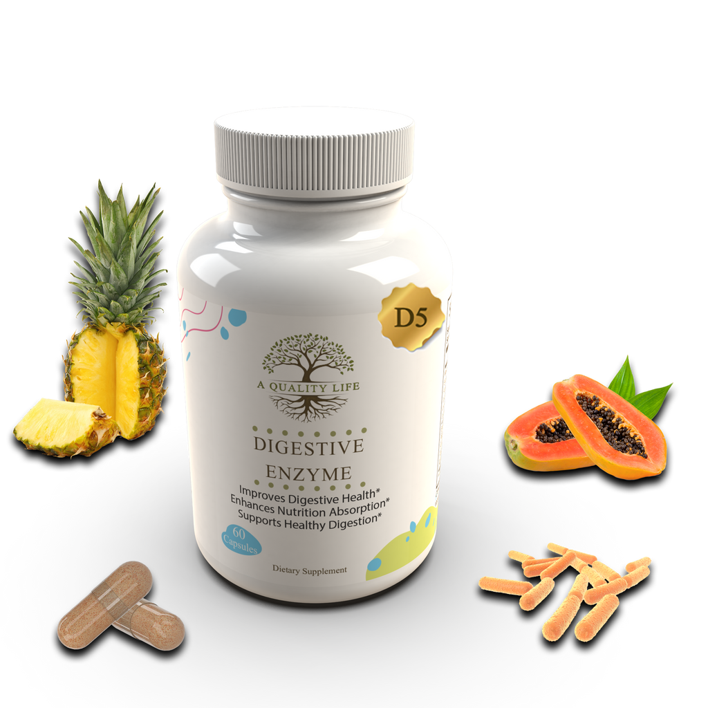 Bottle of Digestive Enzyme supplement with pineapple, papaya, and ginger on a white background