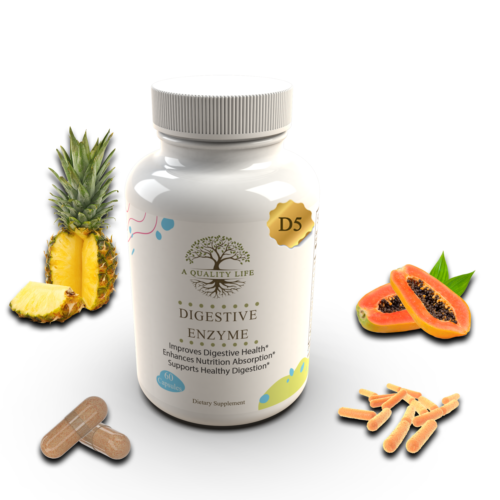 Bottle of Digestive Enzyme supplement with pineapple, papaya, and ginger on a white background