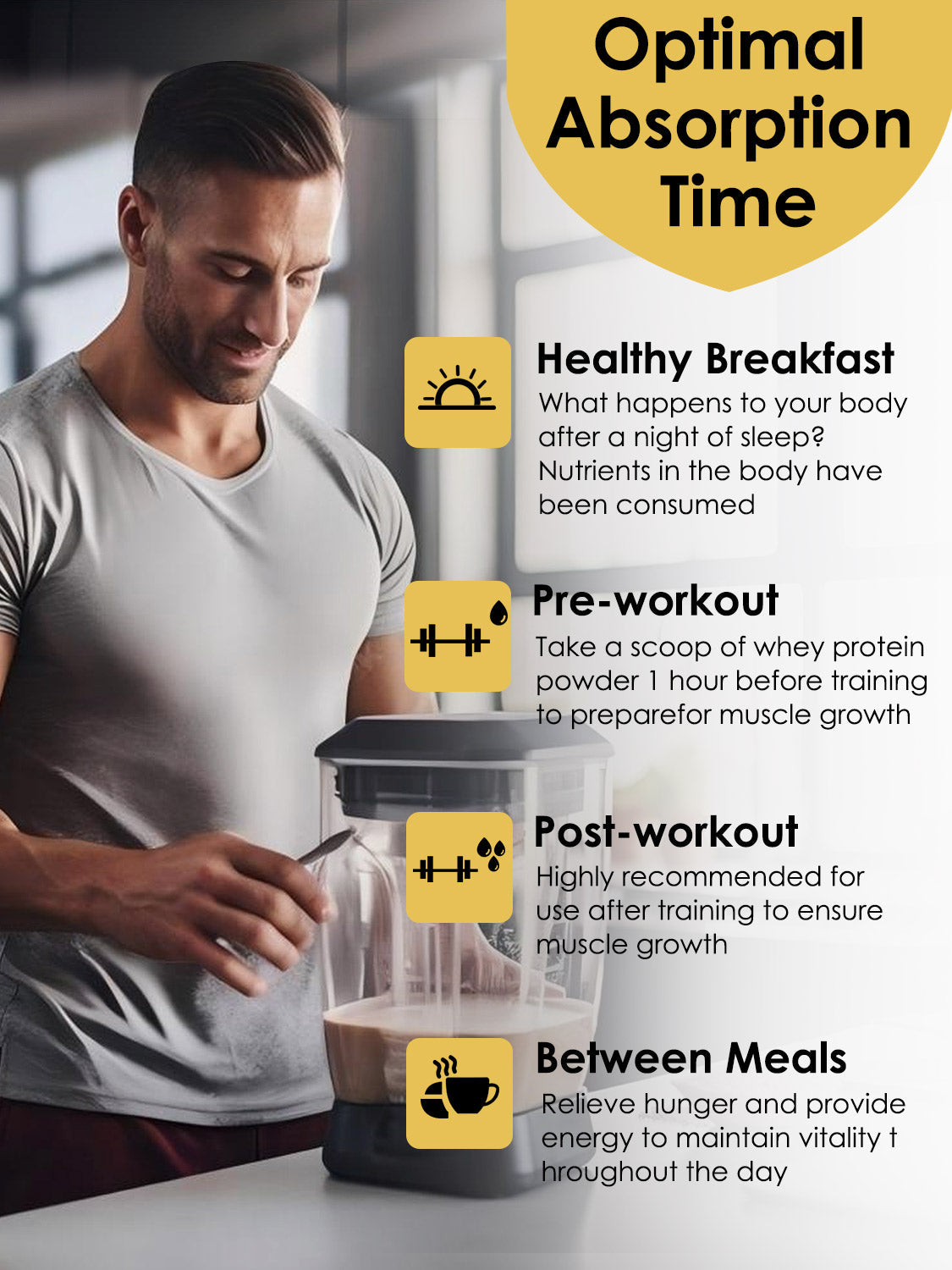 Man preparing a protein shake with text about optimal absorption times for different stages of the day.