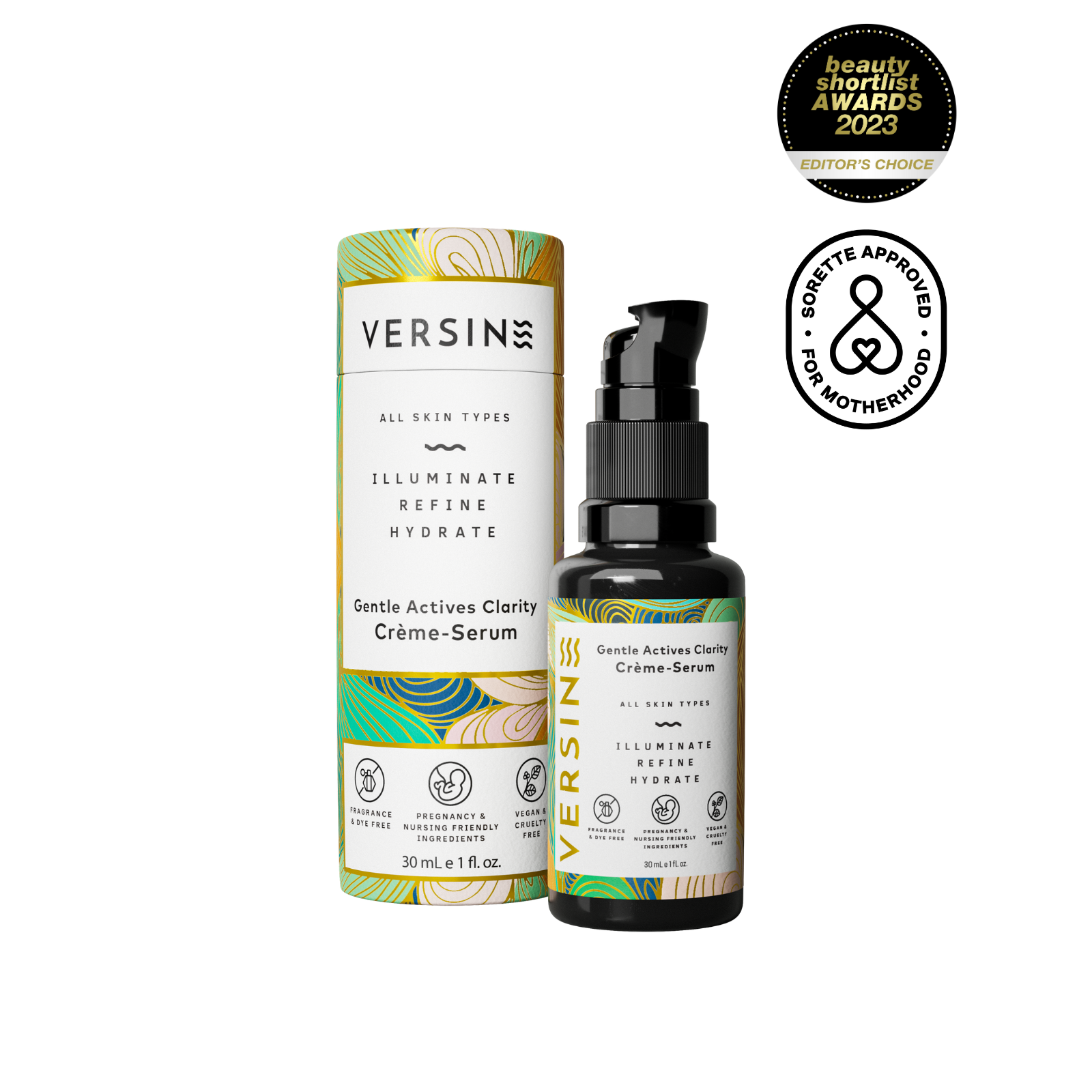 Versins crème-serum bottle and packaging on a white background with awards displayed.