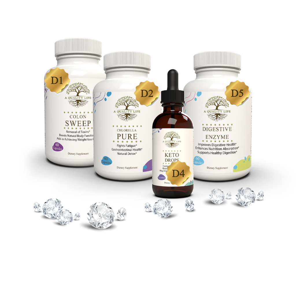 Collection of health and wellness products including bottles and a dropper on a white background with decorative elements.