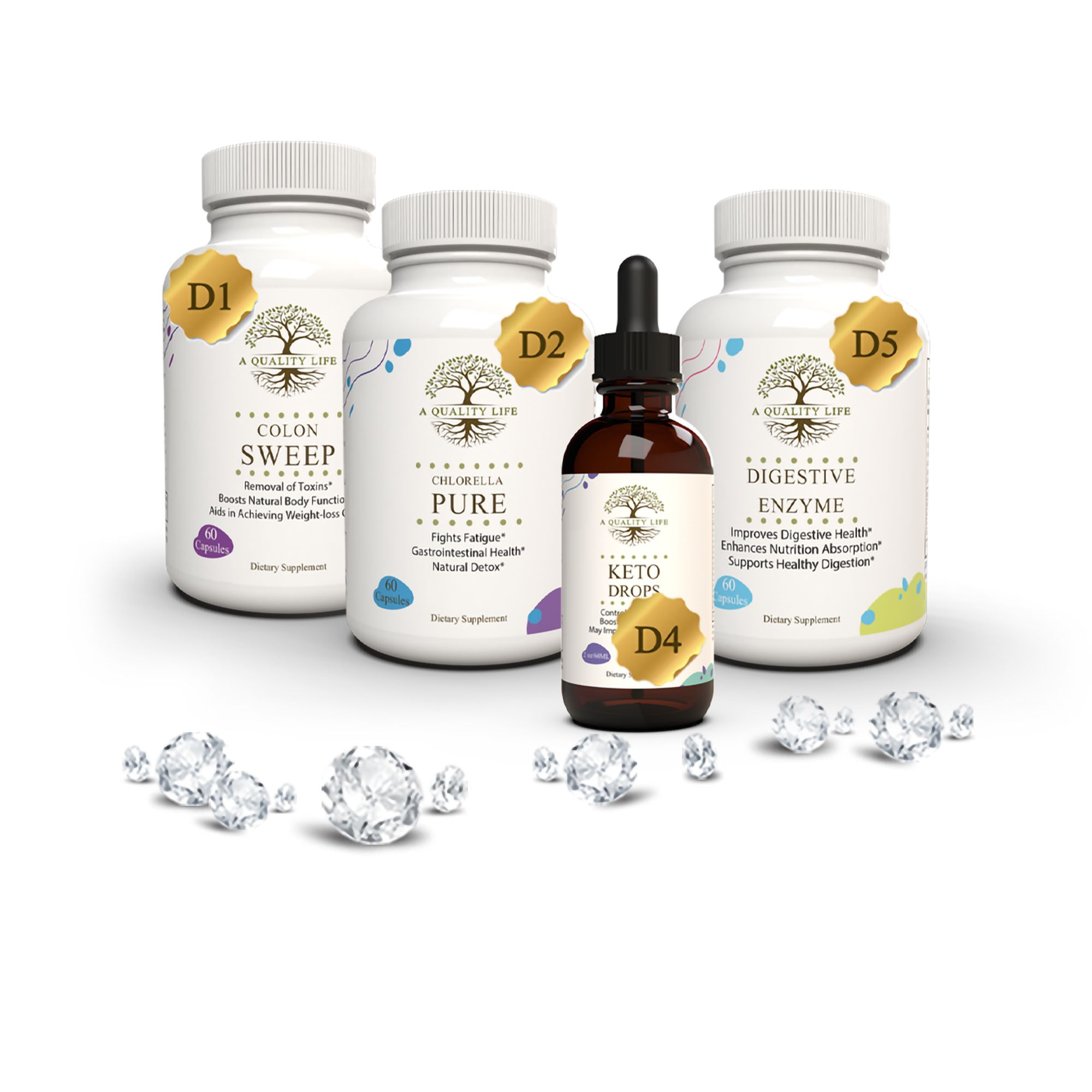 Collection of health and wellness products including bottles and a dropper on a white background with decorative elements.